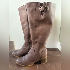 Brown Knee-High, Wide-Calf Faux Leather Boots